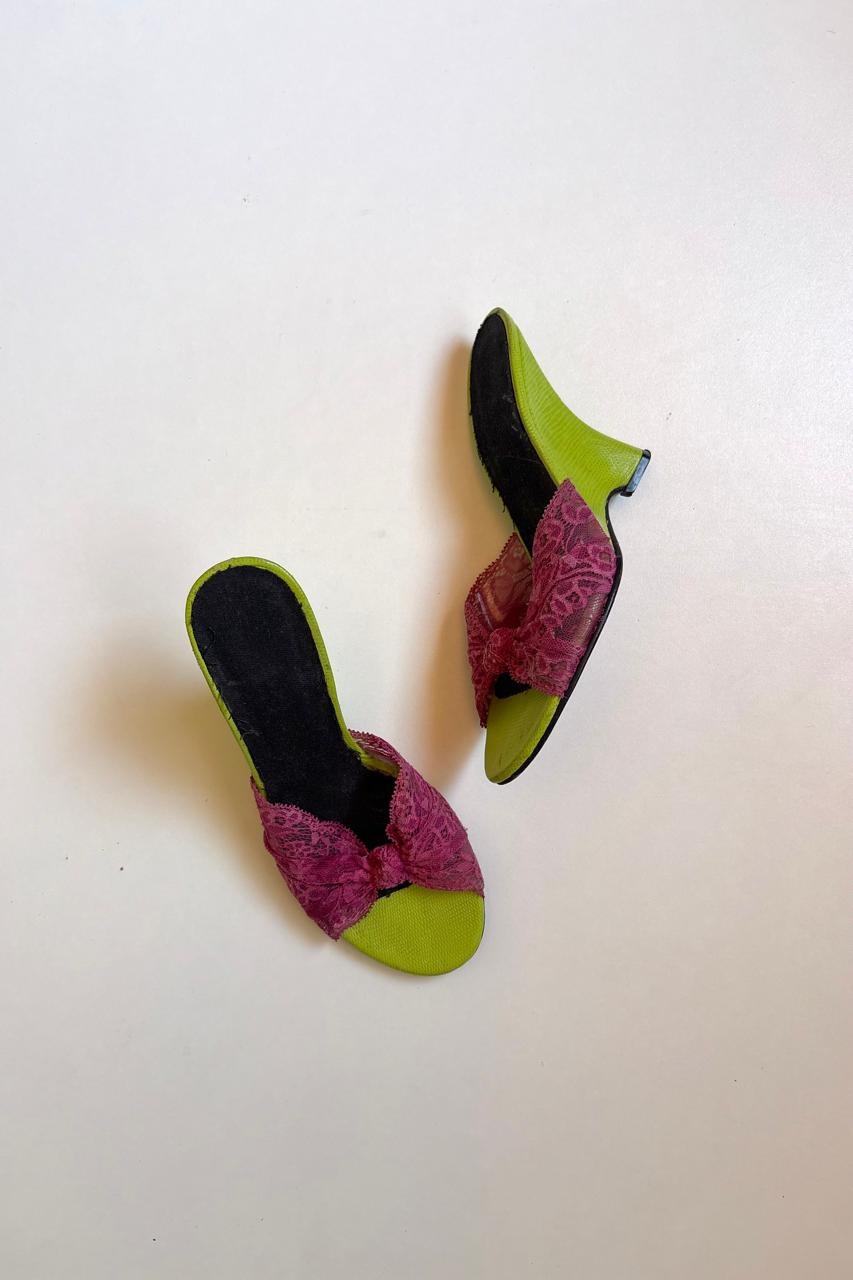 Lime green pink lace wedge heels
