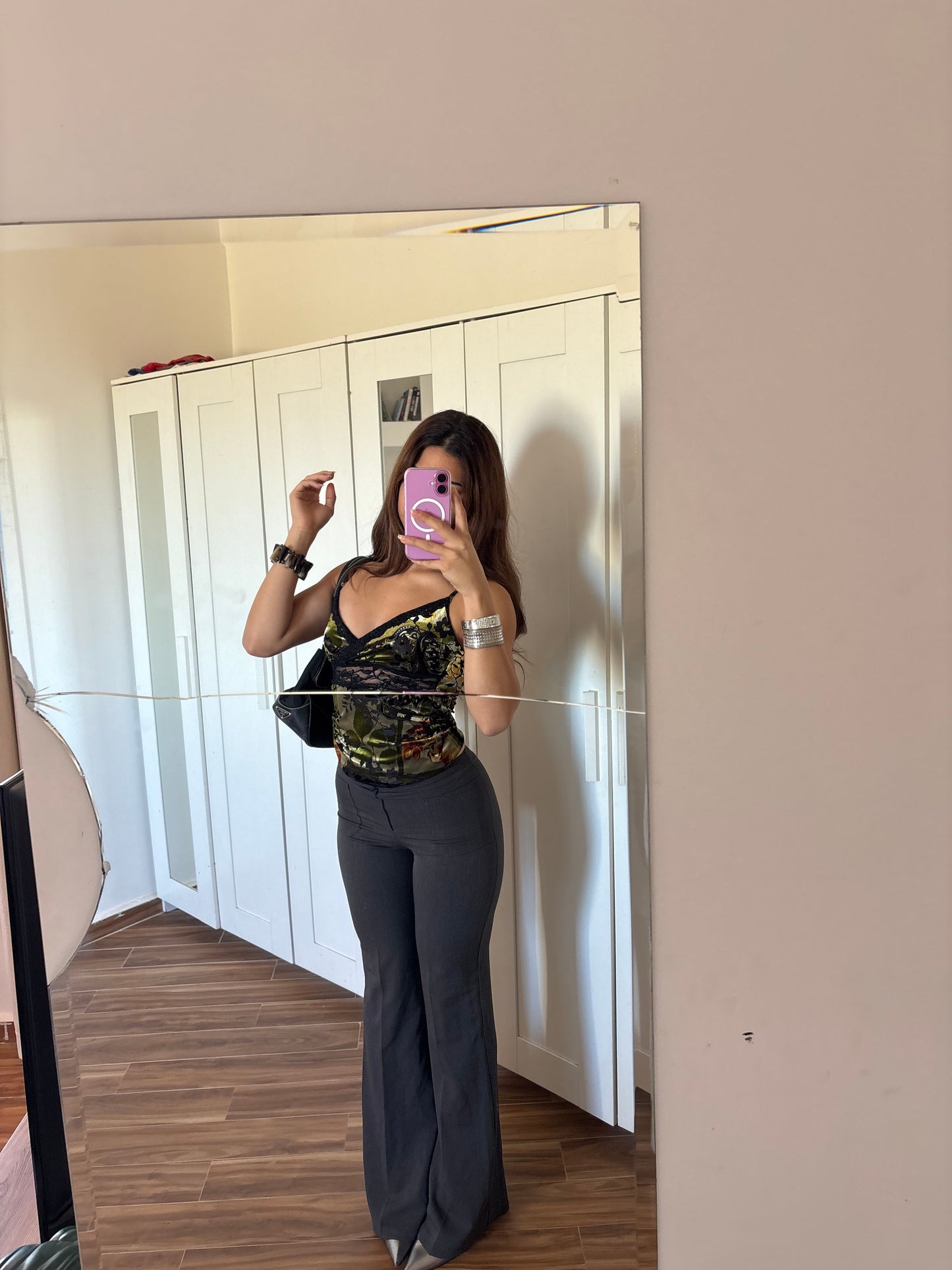 Mid waist straight flare fit pants