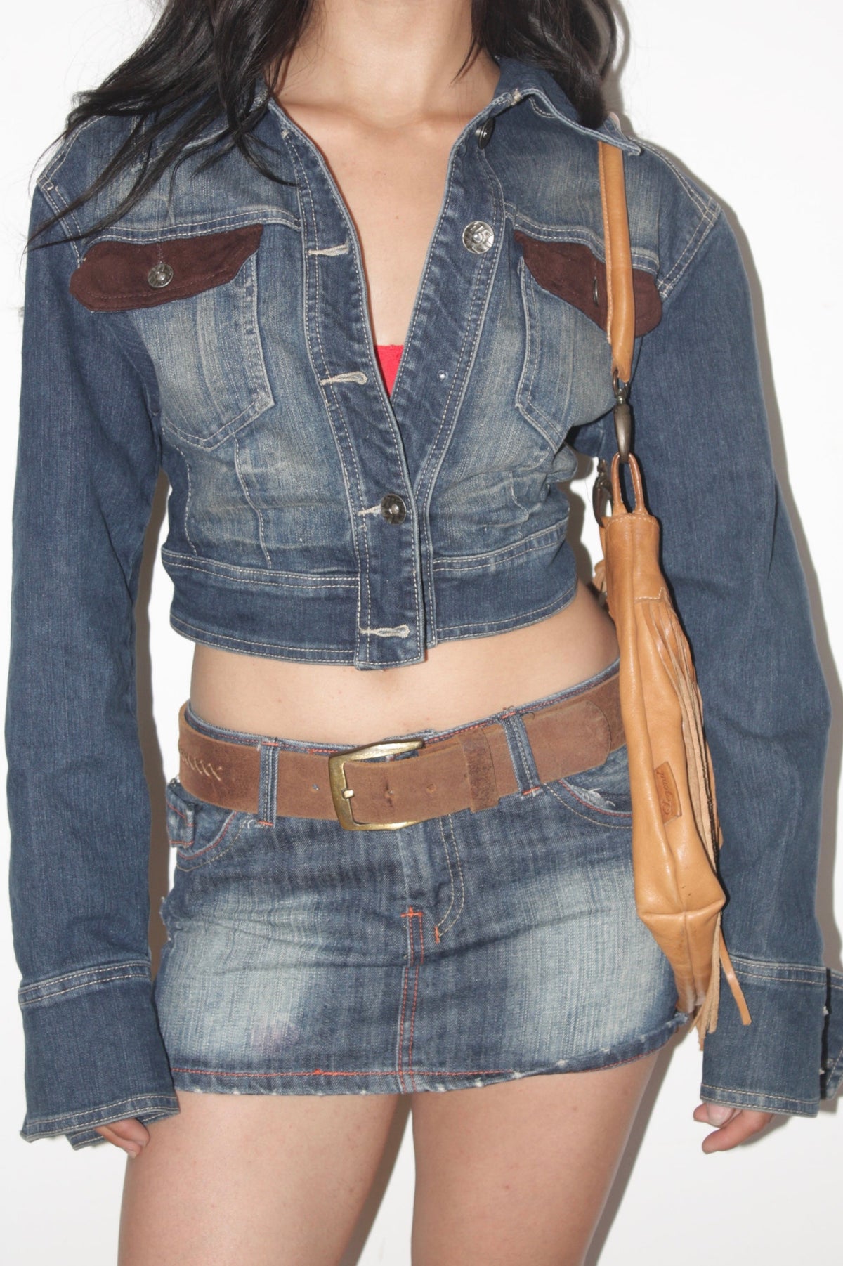Miss 60 denim cropped suede pockets button up