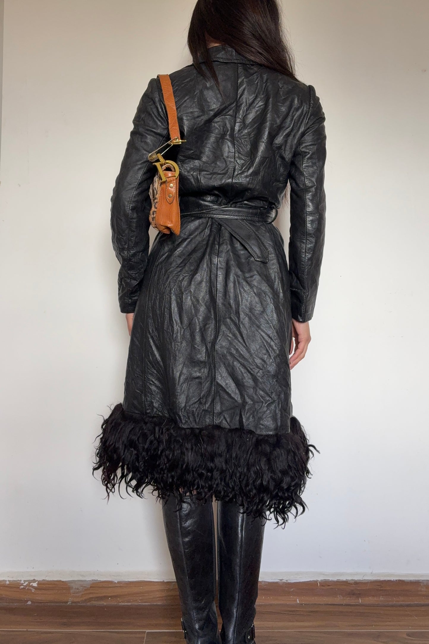 Leather afghan button up coat