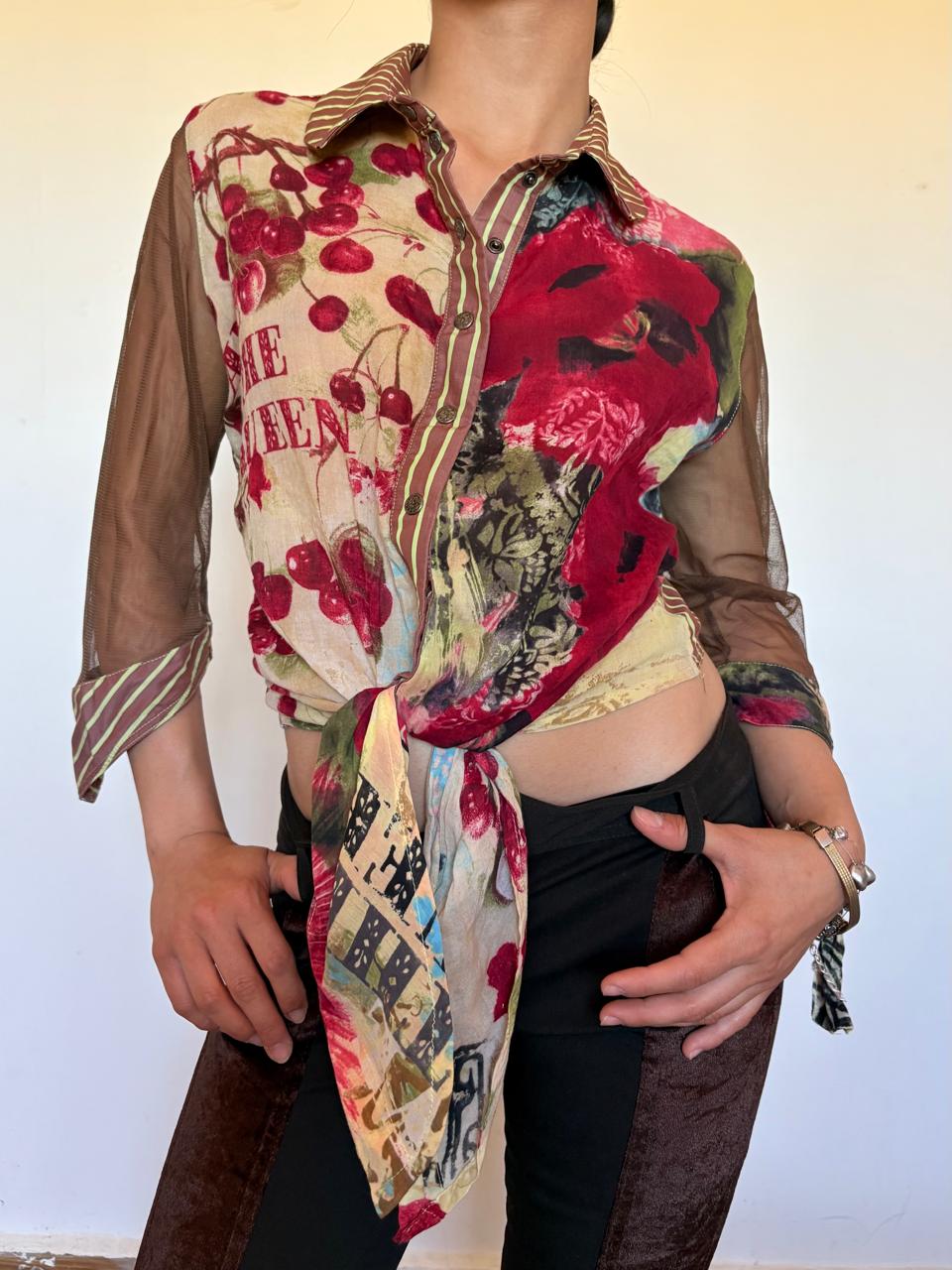 Save the Queen sheer mesh embroidered sunflower button up