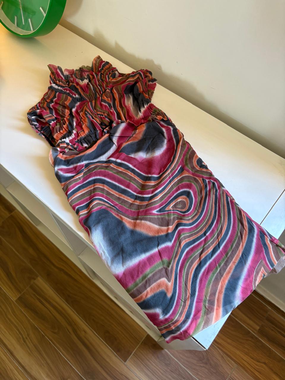 Swirl print mesh turtle neck bow top