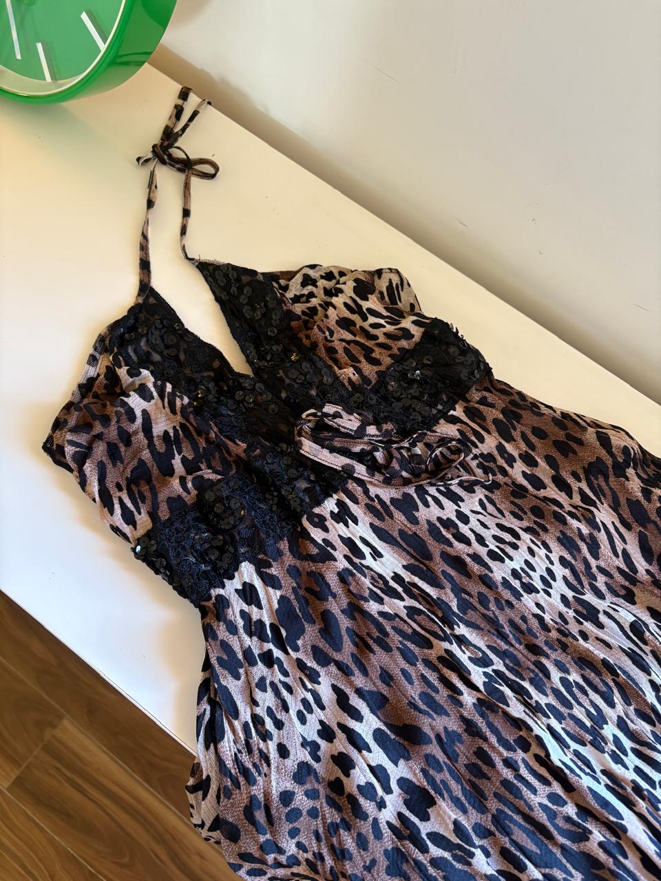 2000s zara animal print mesh asymmetric halter dress