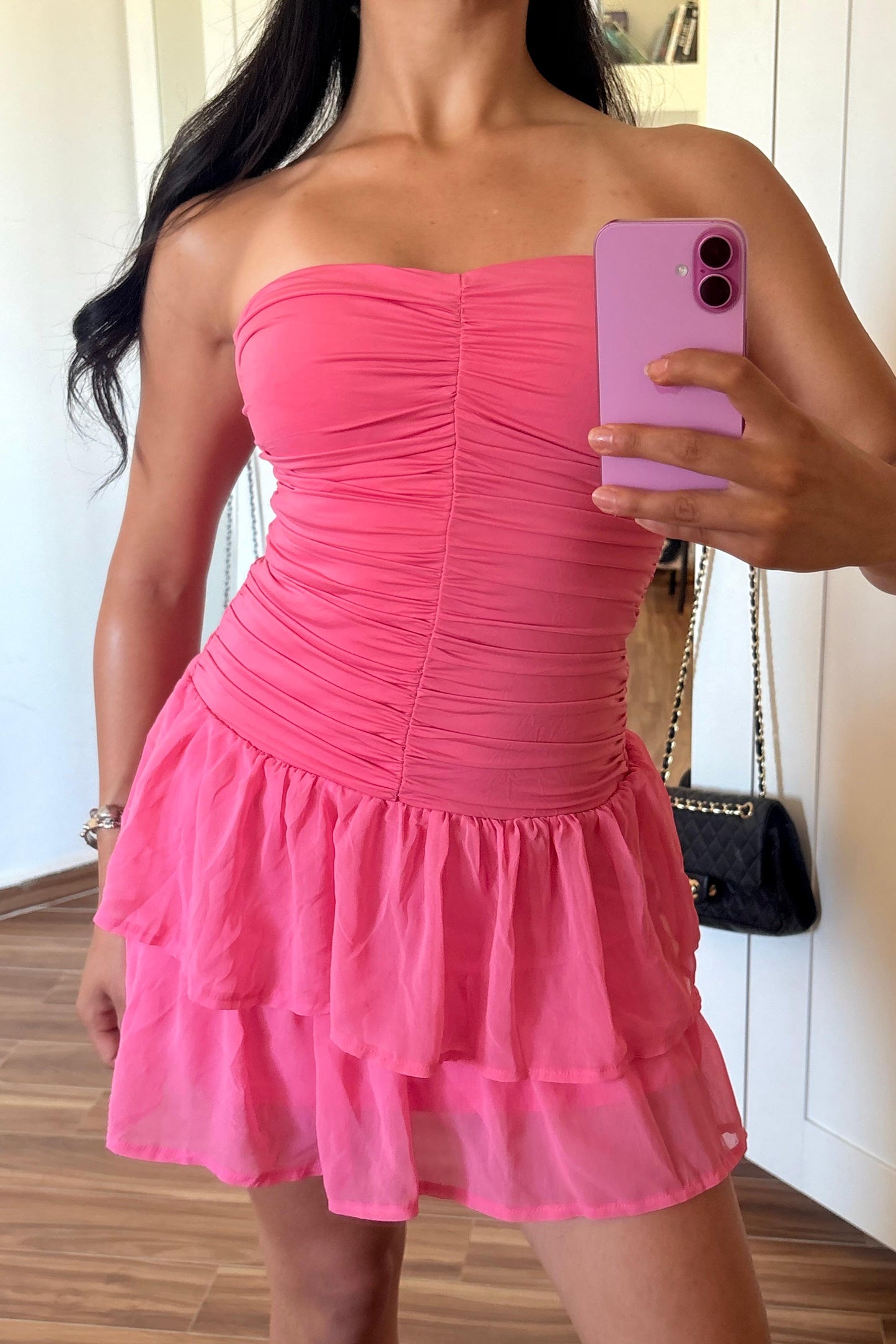 Mini pink ruched dress