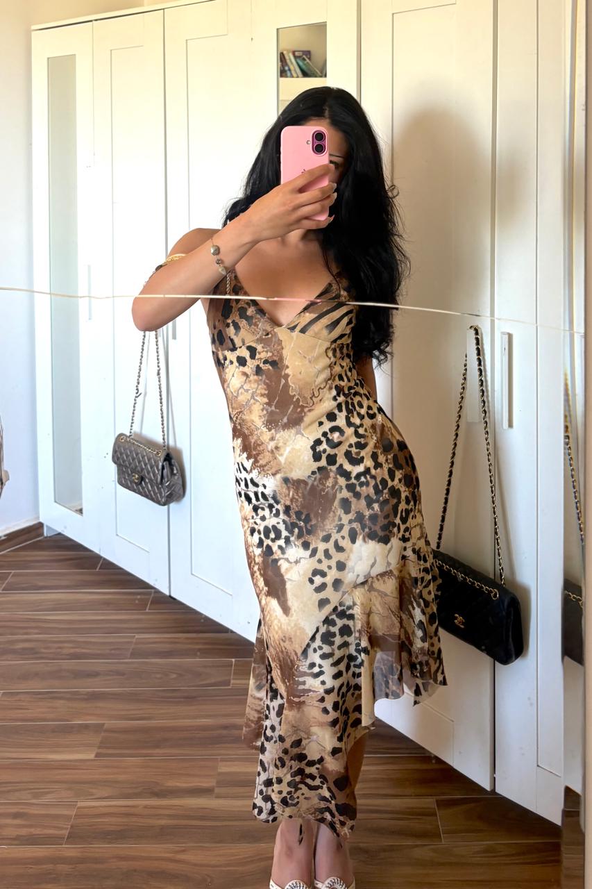 Leopard vintage mesh asymmetric dress