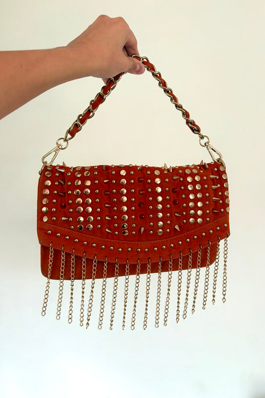 Metallic spiked fringe suede bag