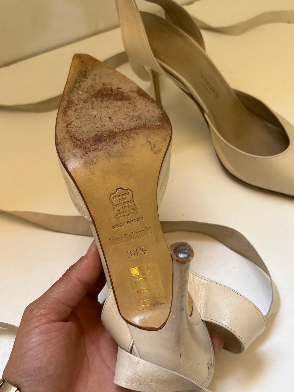 Russell & Bromley pointy cream leather ankle wrap ties pumps