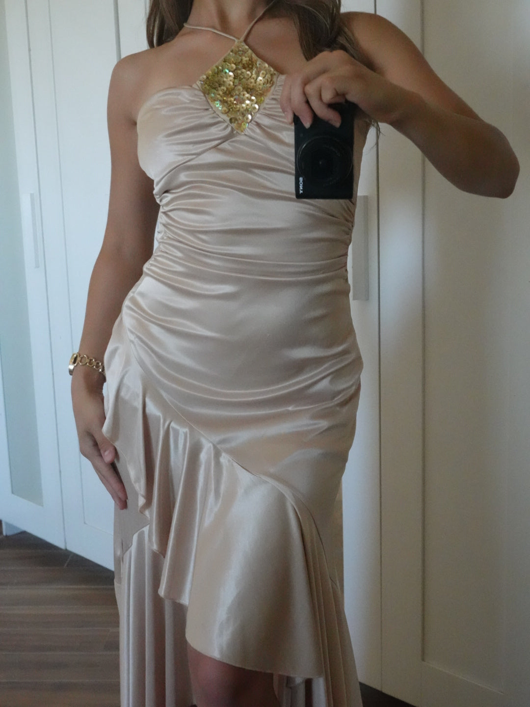 Vintage y2k stretch satin ruched waist ruffled halter sequined dress