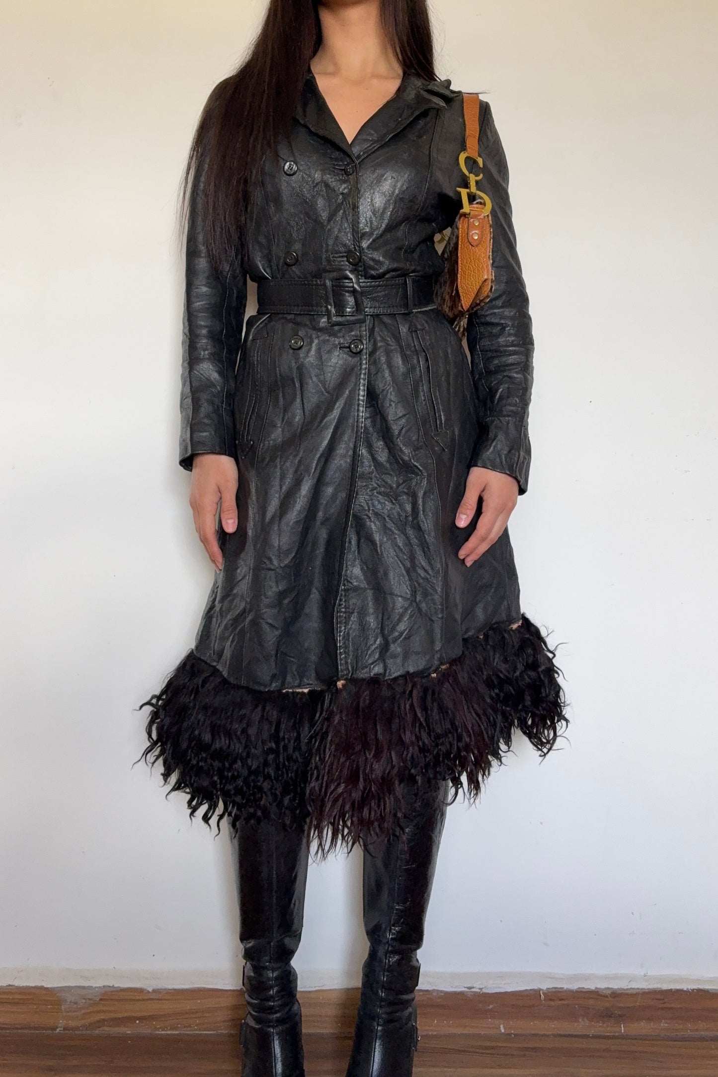 Leather afghan button up coat