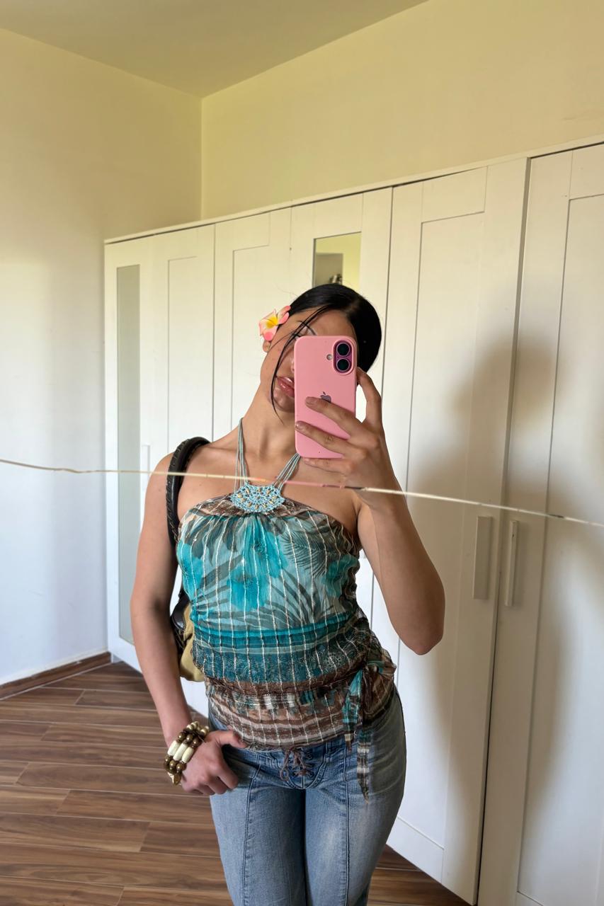 Graphic sheer layered halter top