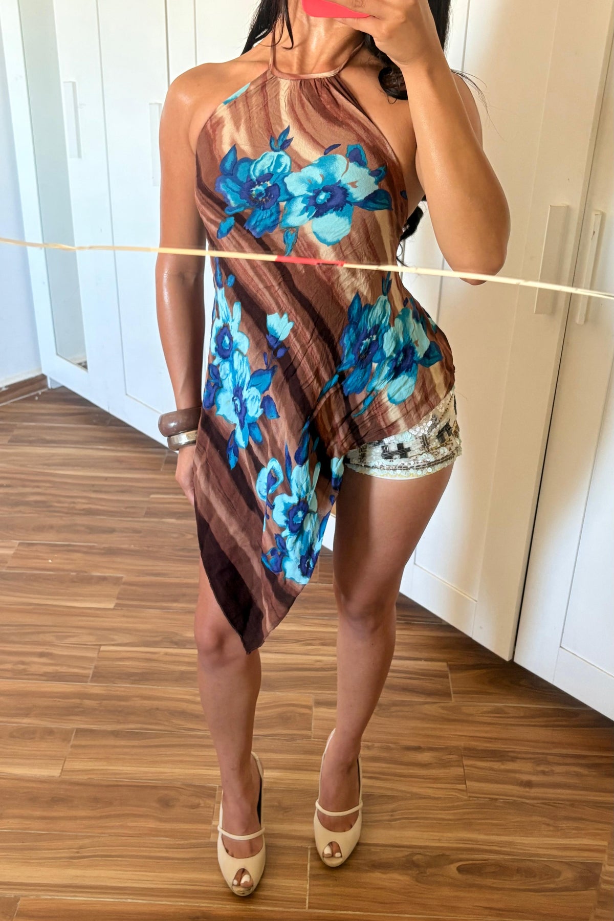 2000s floral asymmetry halter backless top