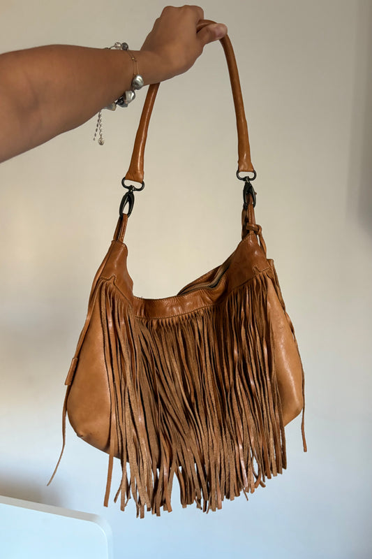 Fringe leather hobo shoulder bag