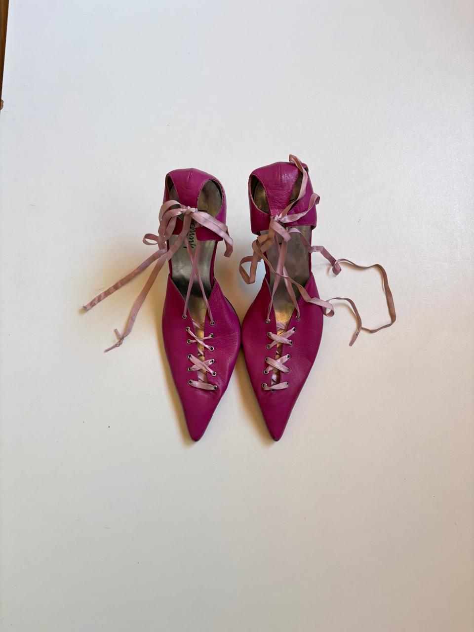 Hot pink leather lace up heels