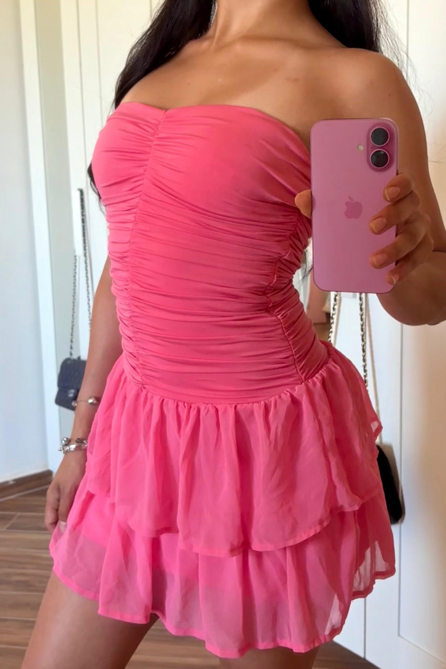 Mini pink ruched dress