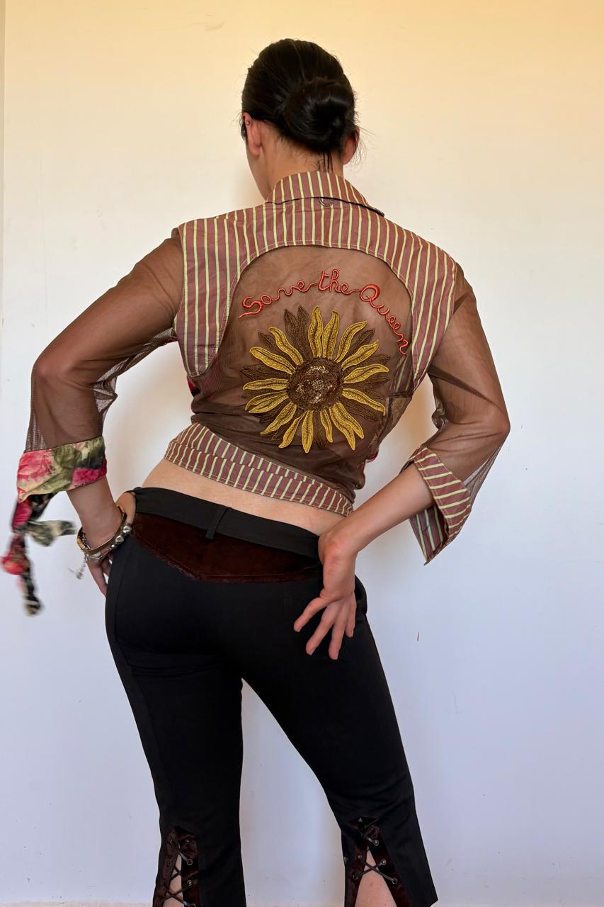 Save the Queen sheer mesh embroidered sunflower button up