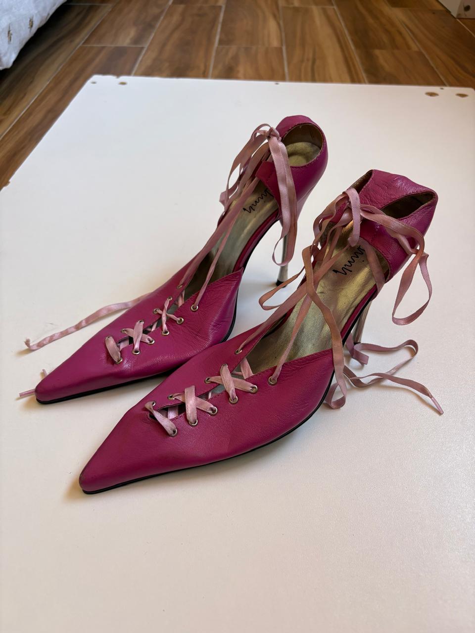 Hot pink leather lace up heels
