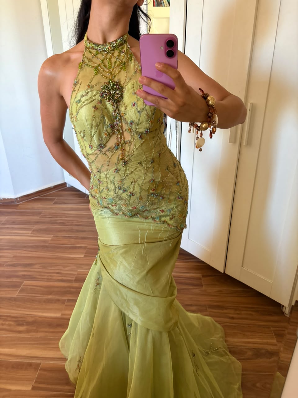Vintage lime green halter beaded dress