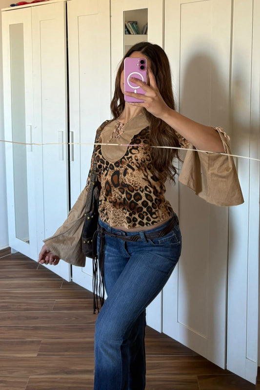 2000s leopard suede sleeves top