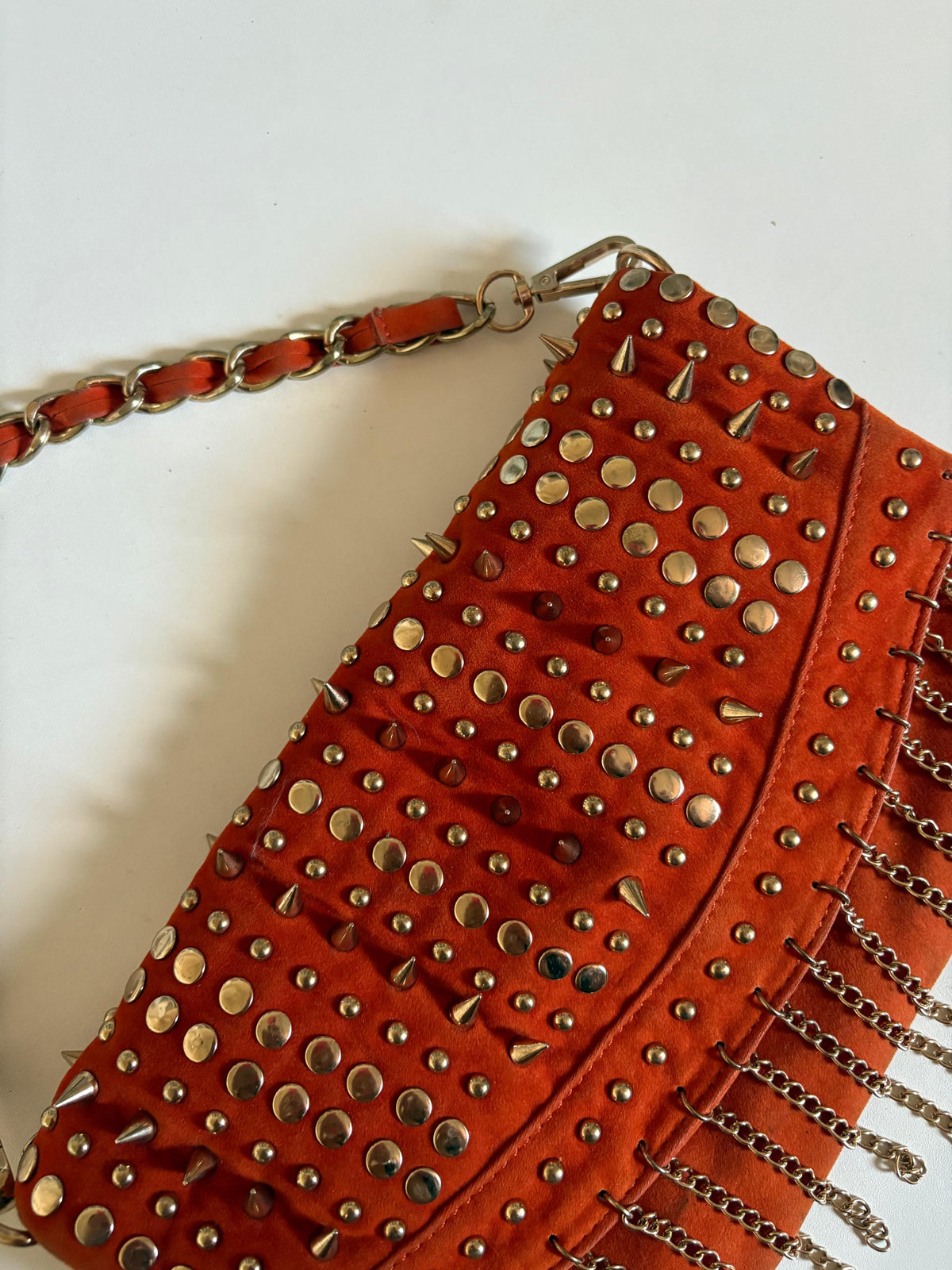 Metallic spiked fringe suede bag