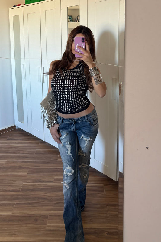 Low rise y/k ripped jeans