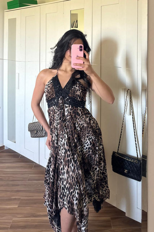 2000s zara animal print mesh asymmetric halter dress