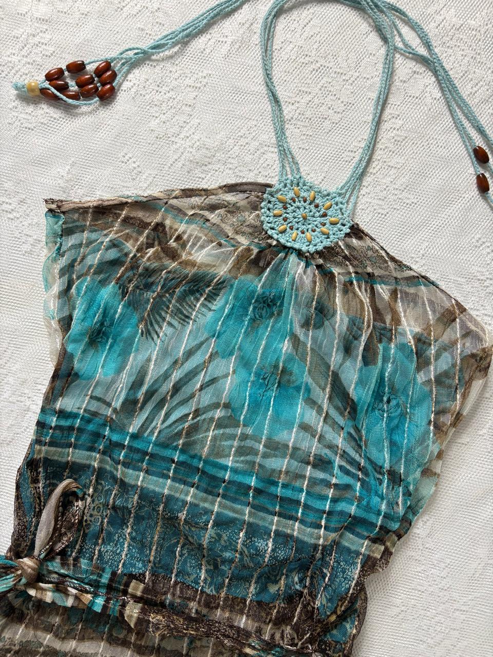 Graphic sheer layered halter top