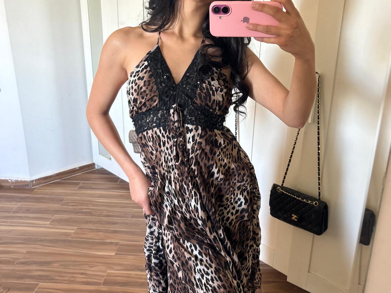 2000s zara animal print mesh asymmetric halter dress