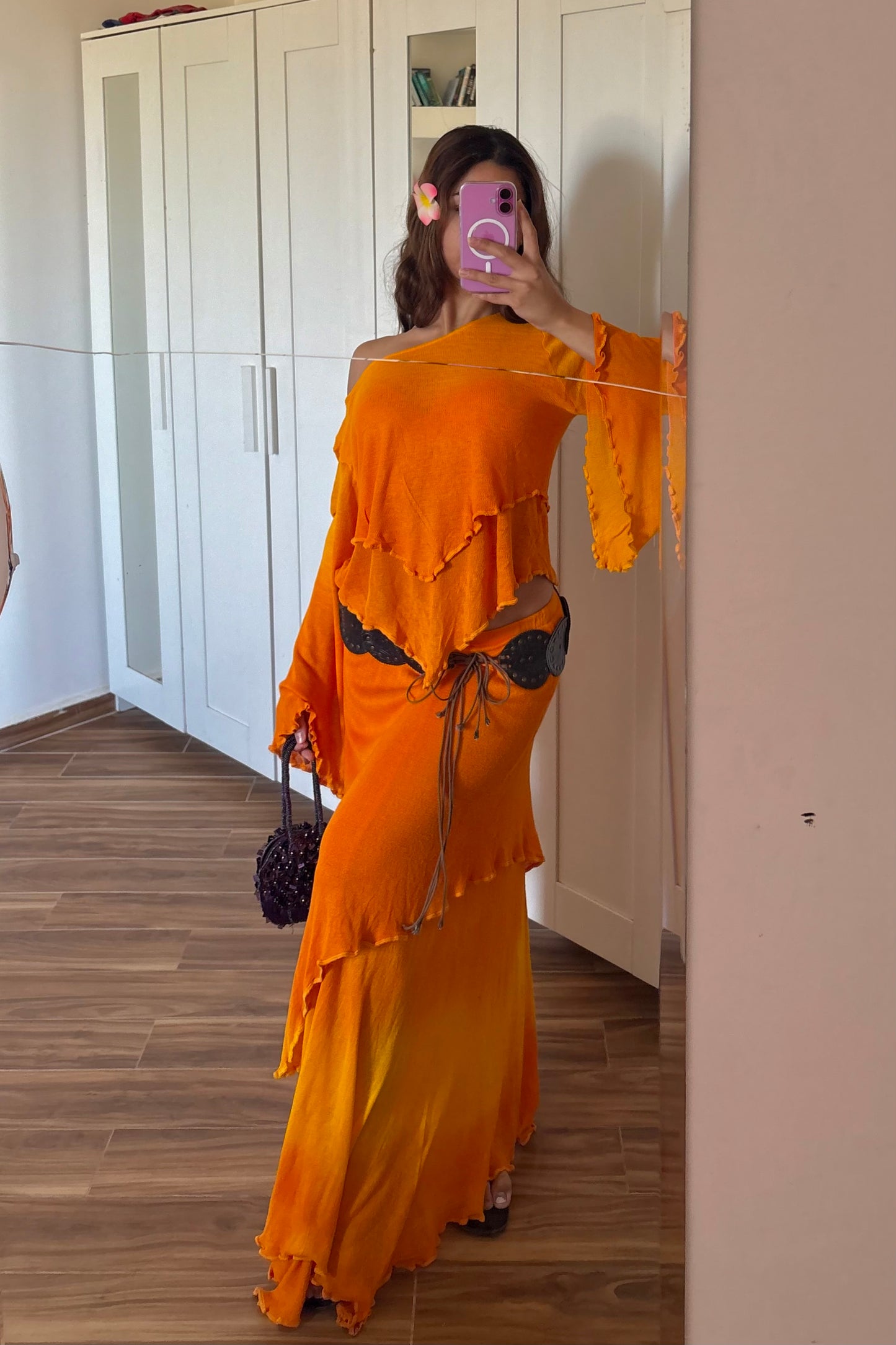Orange ruffled maxi skirt set