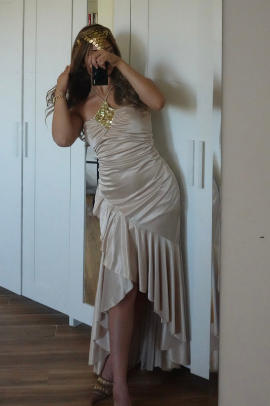 Vintage y2k stretch satin ruched waist ruffled halter sequined dress