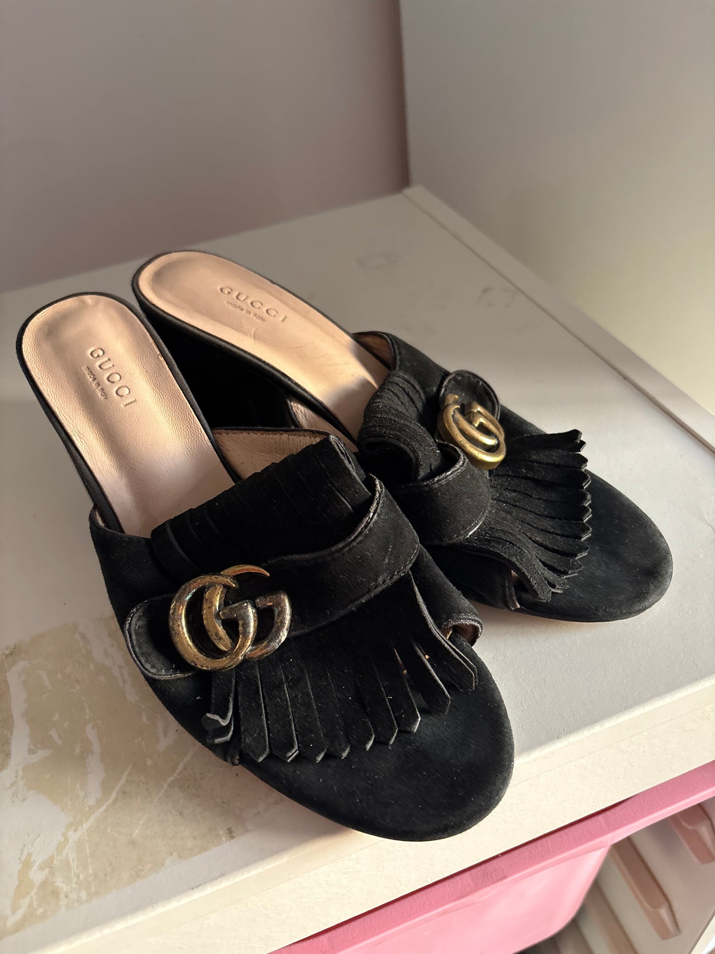 Gucci marmont fringe suede mules