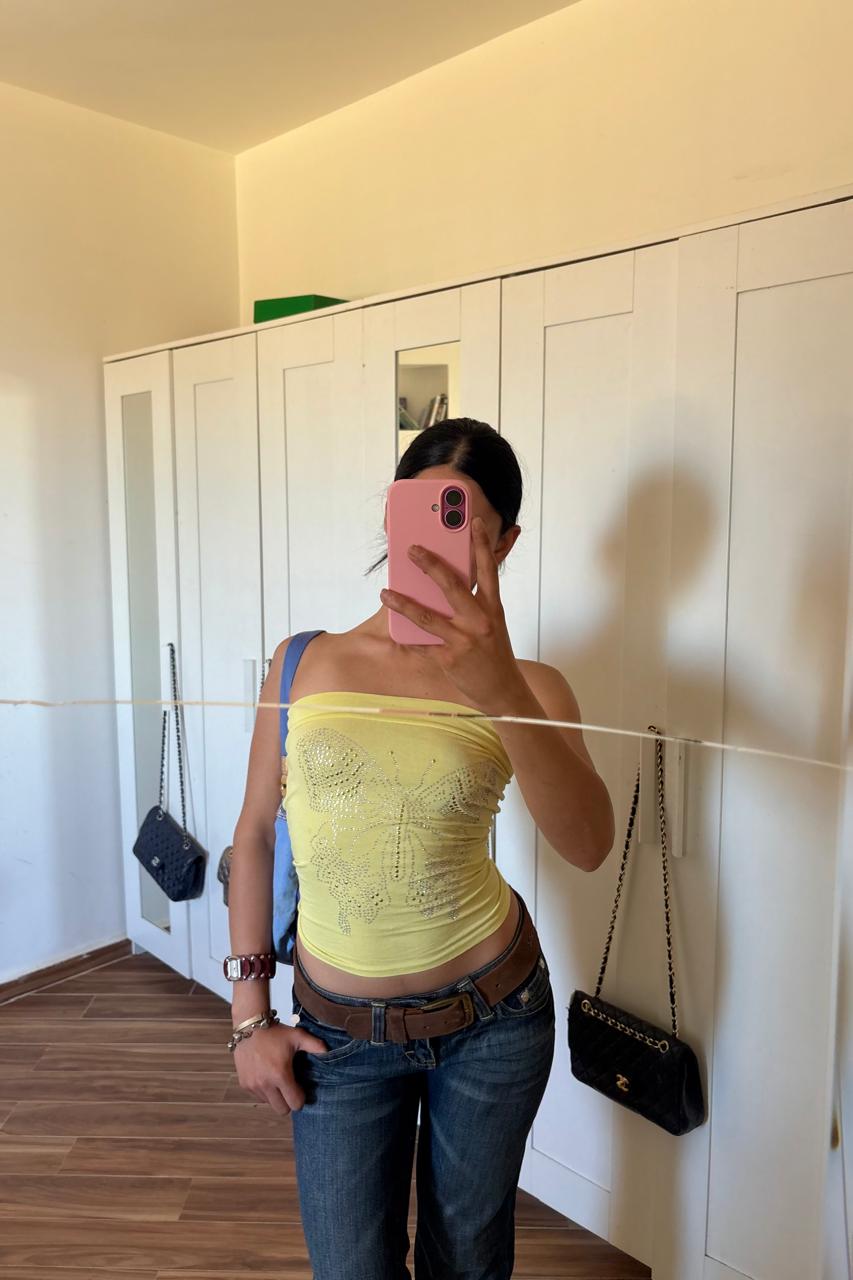 2000s butterfly rhinestone tube top
