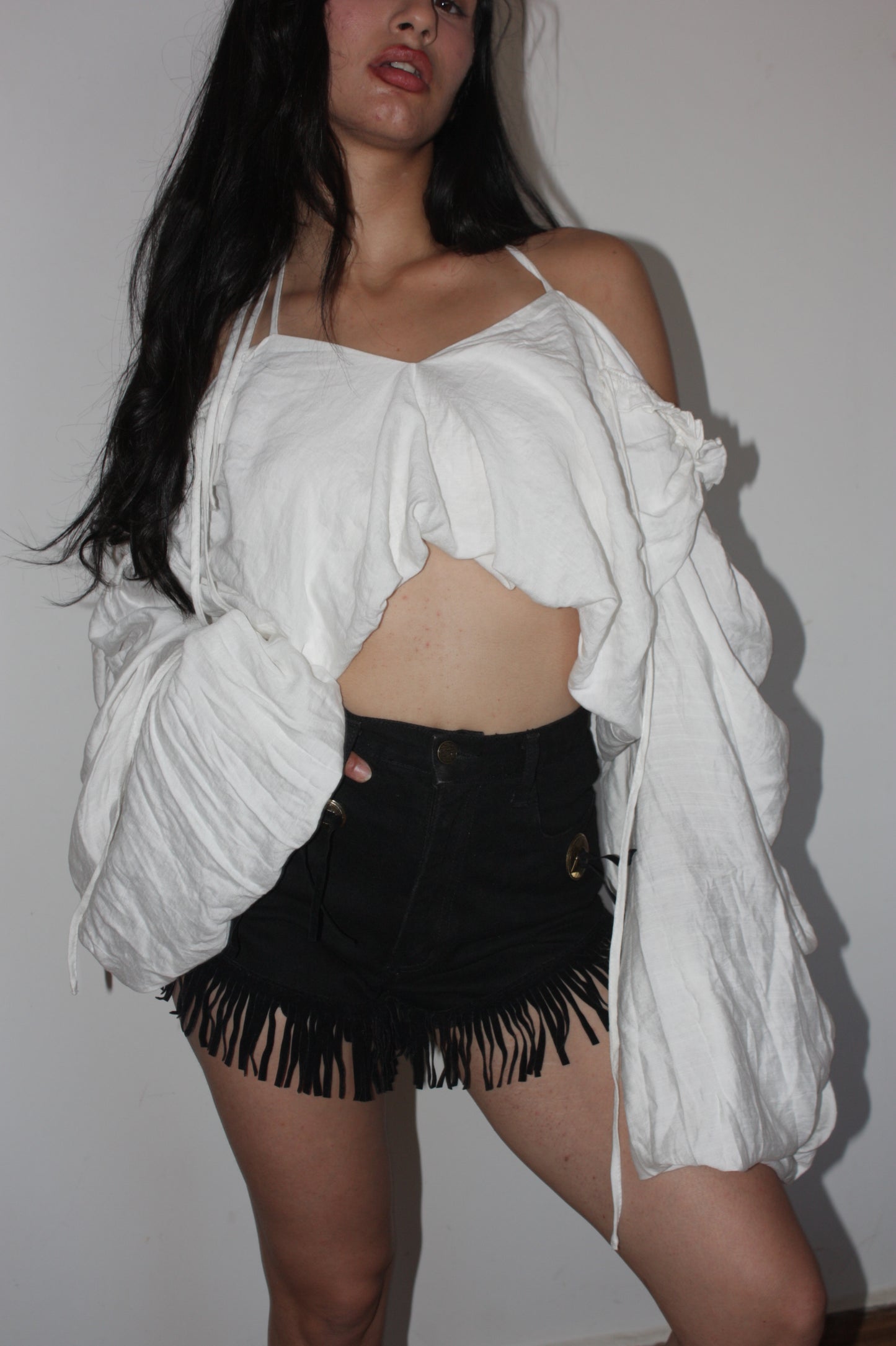 Vintage high waist fringe denim shorts