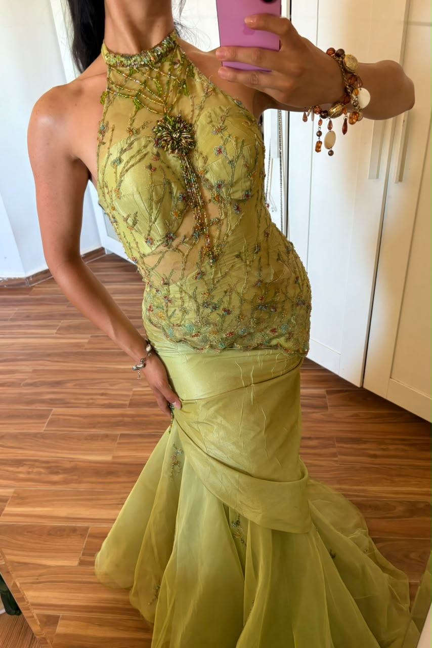 Vintage lime green halter beaded dress