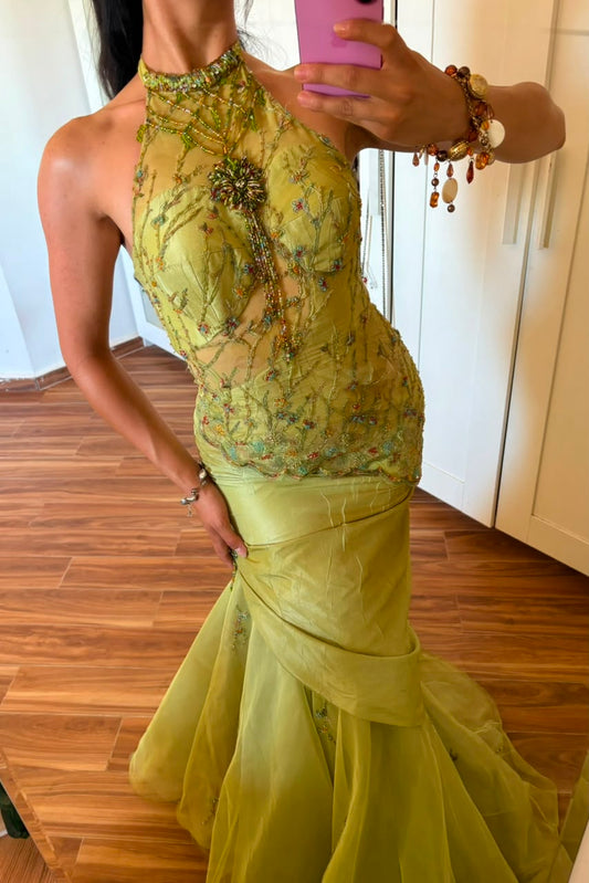Vintage lime green halter beaded dress