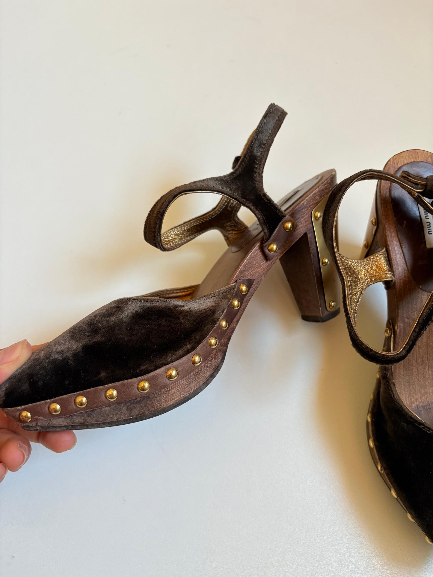 Miu Miu velvet studded wooden heels