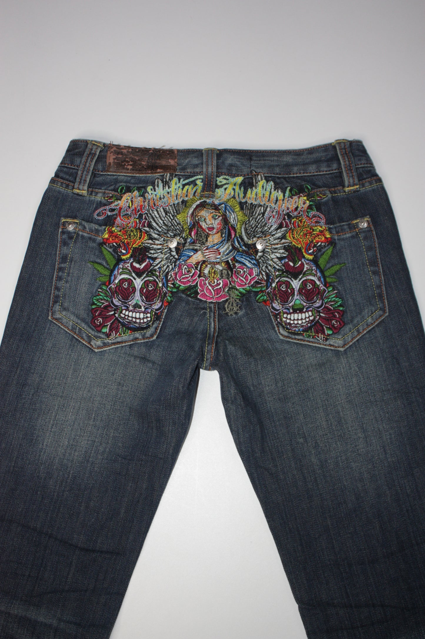 Christian Audigier rare 2000s archive virgin mary embroidered low waist jeans