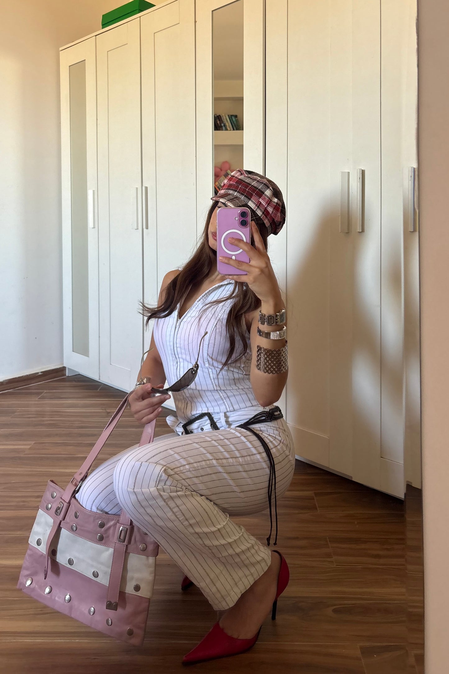 Y2k striped belted half zip up jumpsuit