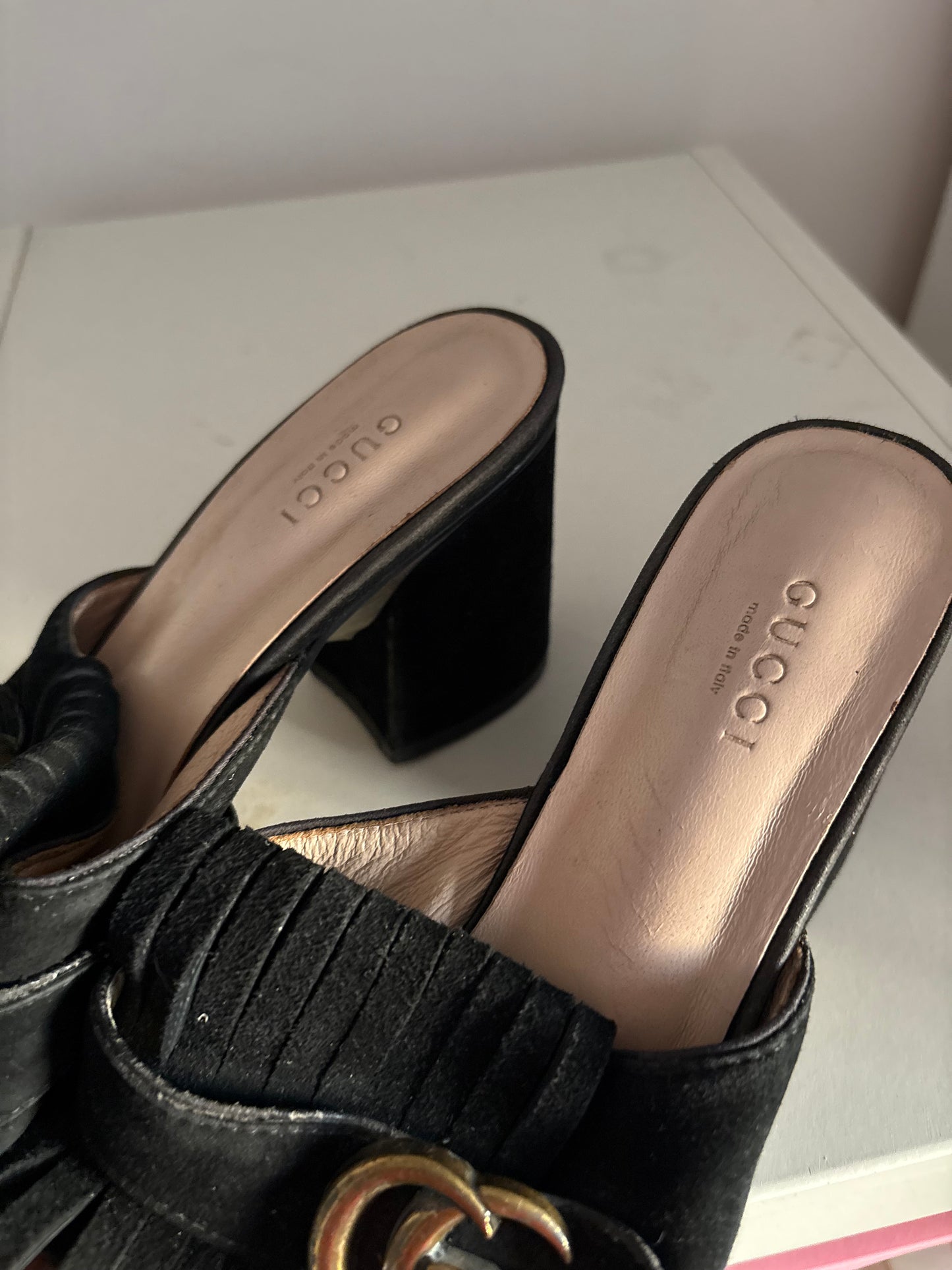 Gucci marmont fringe suede mules