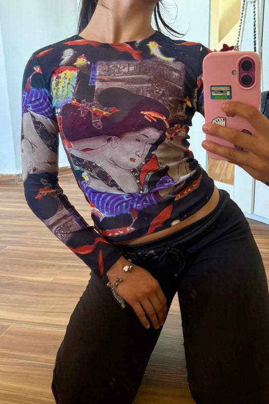2000s Japanese graphic mesh top