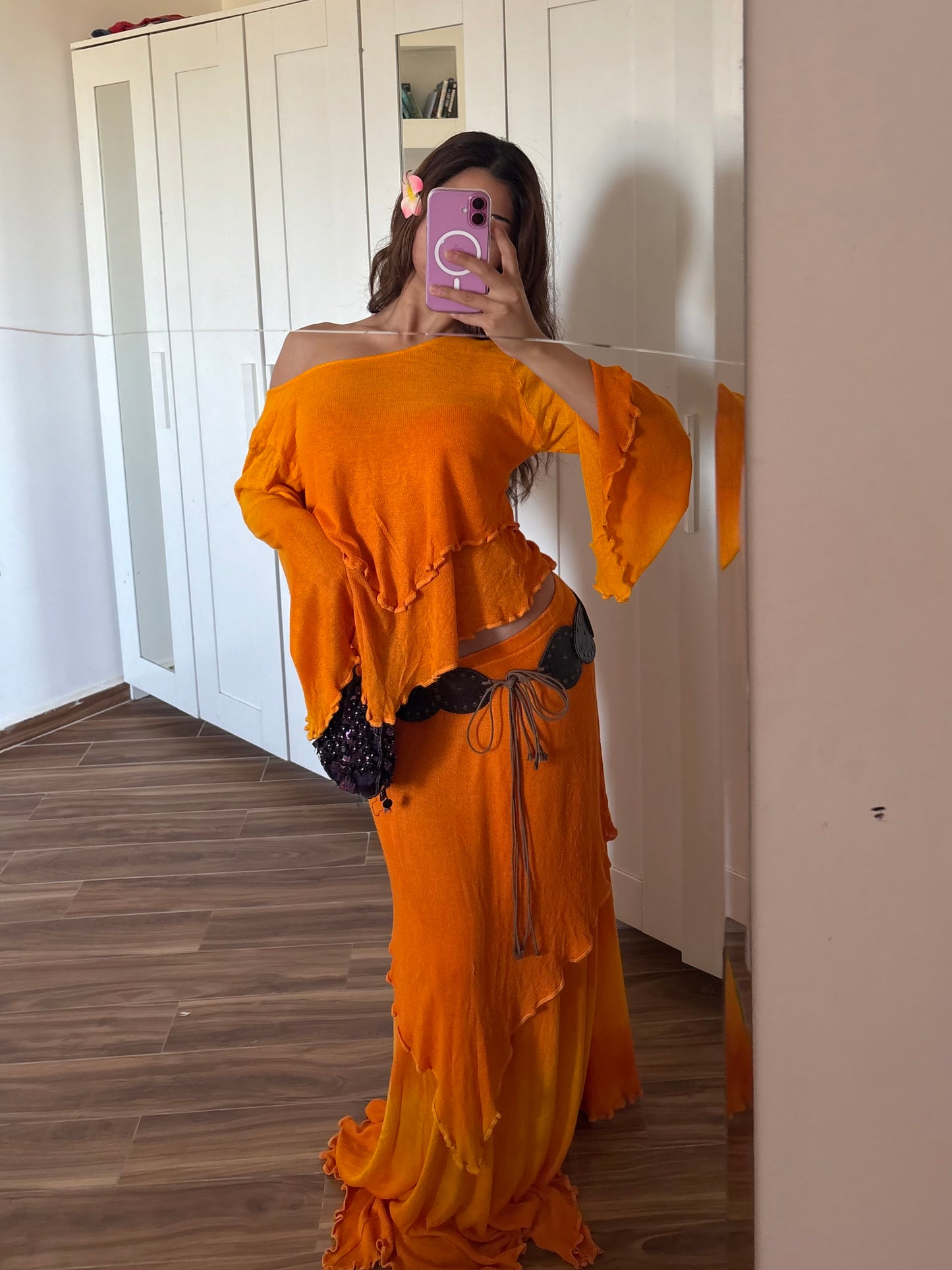 Orange ruffled maxi skirt set