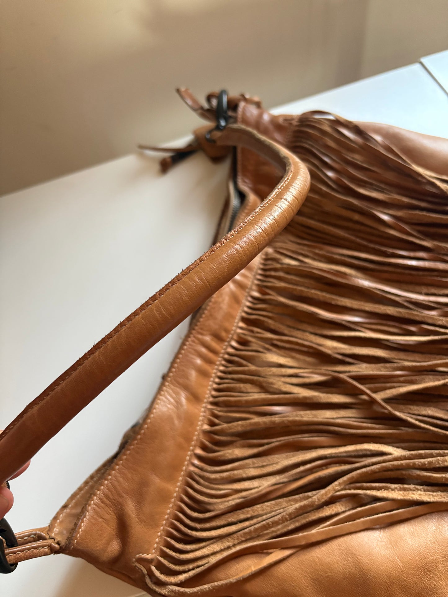 Fringe leather hobo shoulder bag