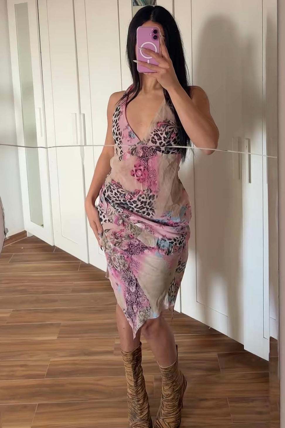2000s asymmetric halter mid dress