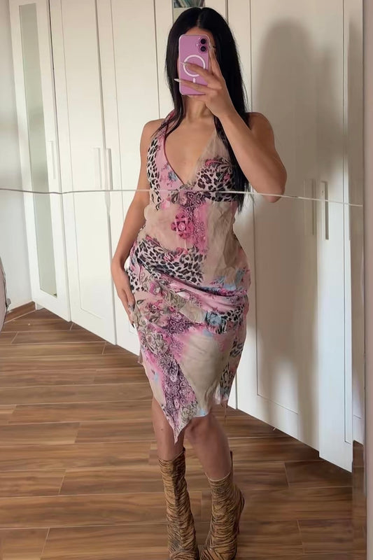 2000s asymmetric halter mid dress