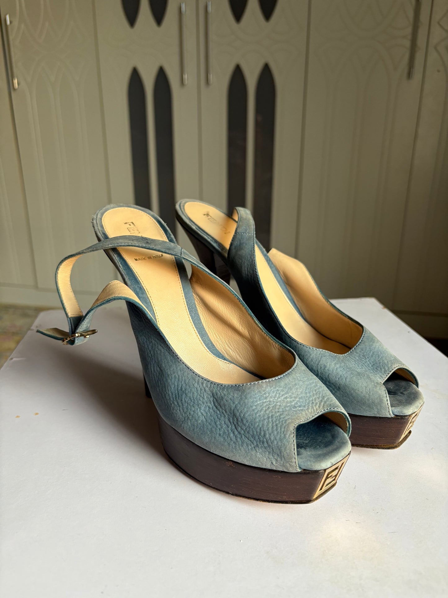 Fendi suede leather slingback heels