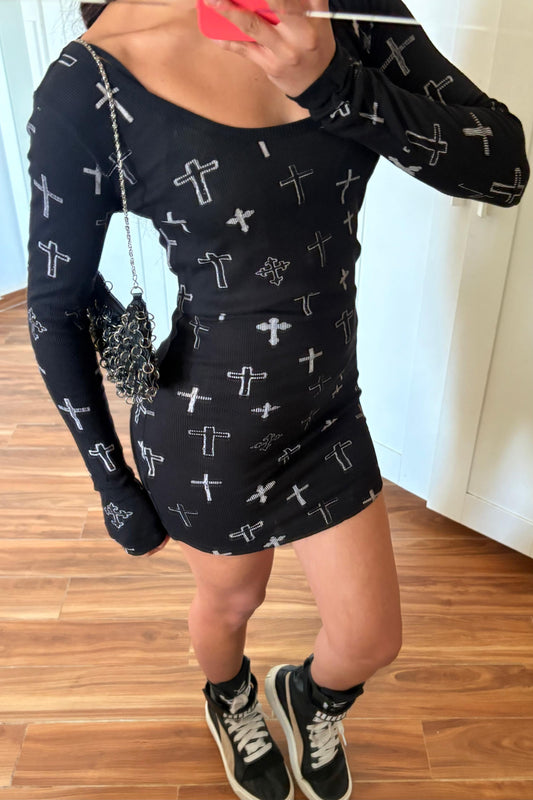 Cross print mini dress