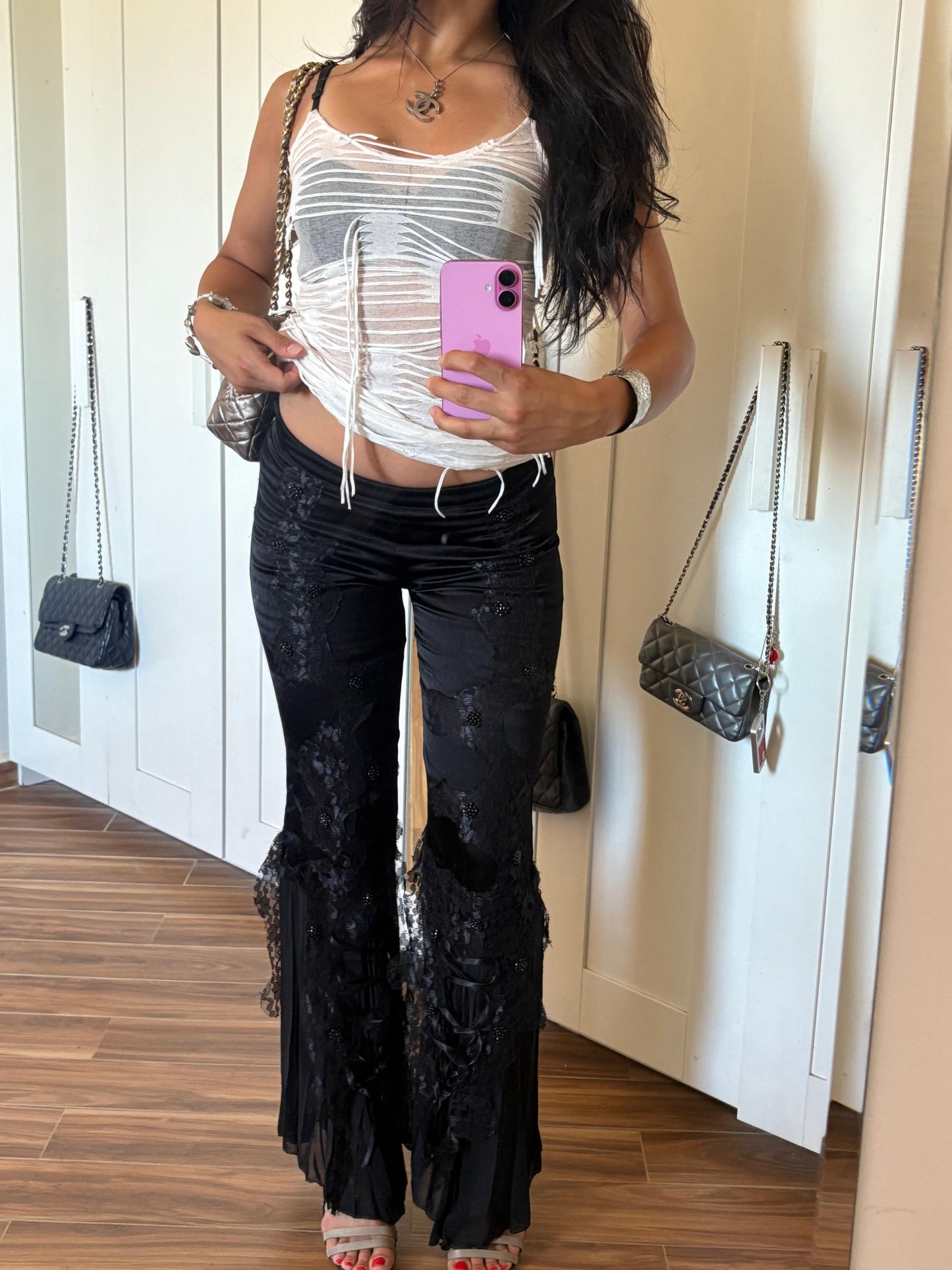 Satin like mesh and lace details low rise 2000s flares