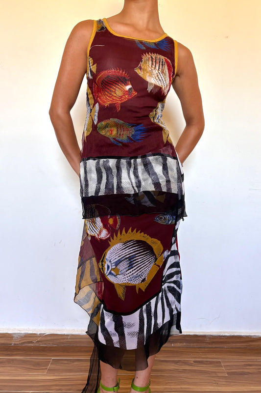 Vintage archive mesh layered graphic maxi dress