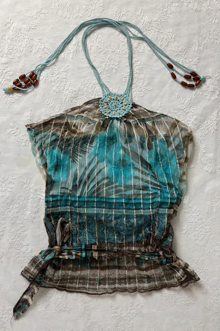 Graphic sheer layered halter top