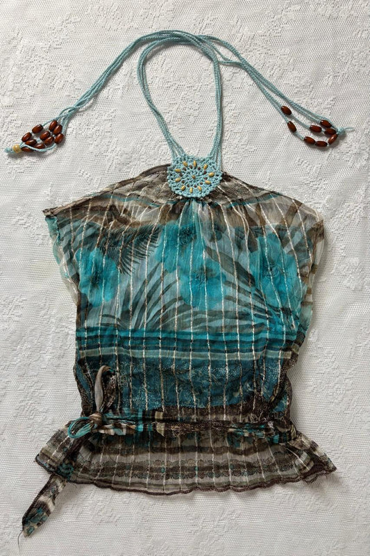 Graphic sheer layered halter top