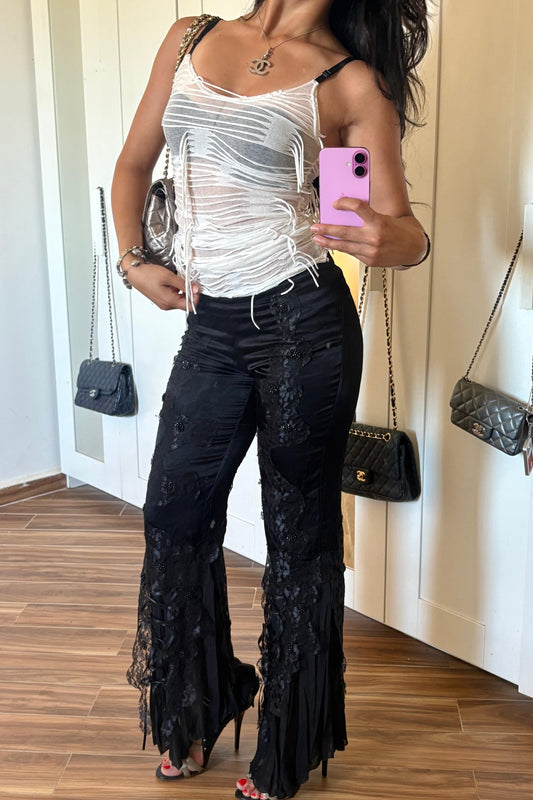 Satin like mesh and lace details low rise 2000s flares